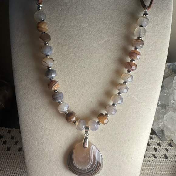 Botswana Agate Pendant and Beaded Necklace on Brown Faux Leather Double Rope - Picture 7 of 15